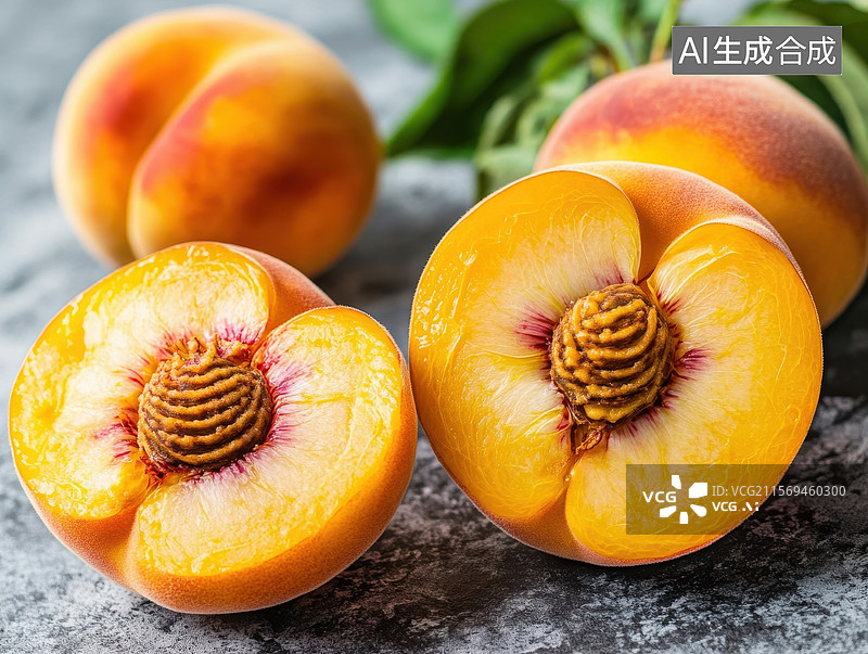 【AI数字艺术】新鲜切开的桃子展示图片素材