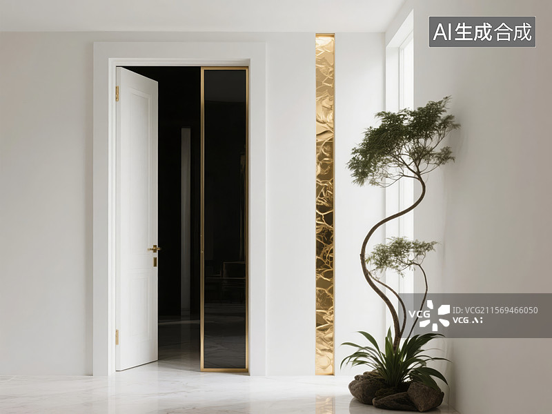【AI数字艺术】现代室内设计中的金色装饰和盆栽图片素材