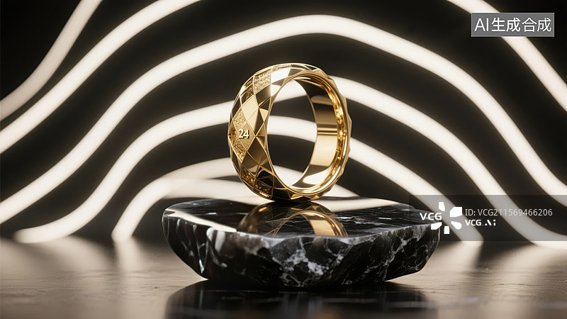 【AI数字艺术】金色戒指放置在黑色大理石上图片素材