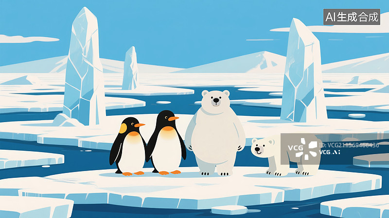 【AI数字艺术】企鹅与北极熊在冰川上图片素材