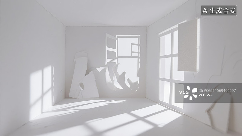 【AI数字艺术】白色房间中的光影艺术装置图片素材