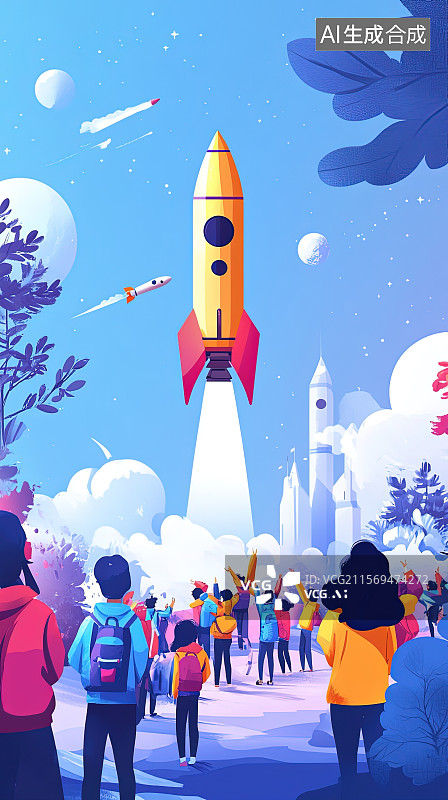 【AI数字艺术】人们在火箭发射场观看火箭在发射台上点火起飞图片素材