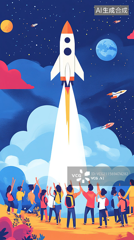 【AI数字艺术】人们在火箭发射场观看火箭在发射台上点火起飞图片素材