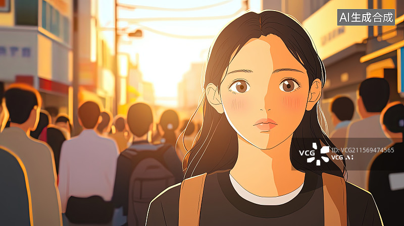 【AI数字艺术】母亲节插画城市街道上夕阳余晖映照着一位母亲的脸庞图片素材