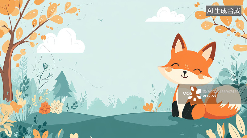 【AI数字艺术】可爱的狐狸坐在秋天的森林里图片素材