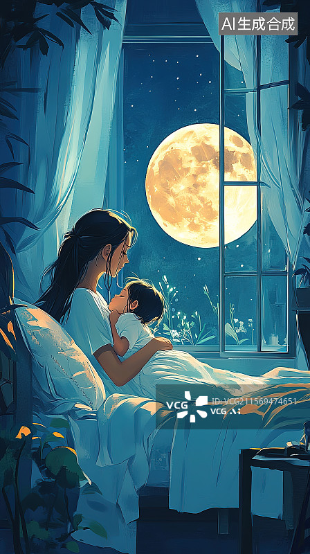 【AI数字艺术】母亲节插画夜晚年轻的母亲在陪伴孩子睡觉图片素材