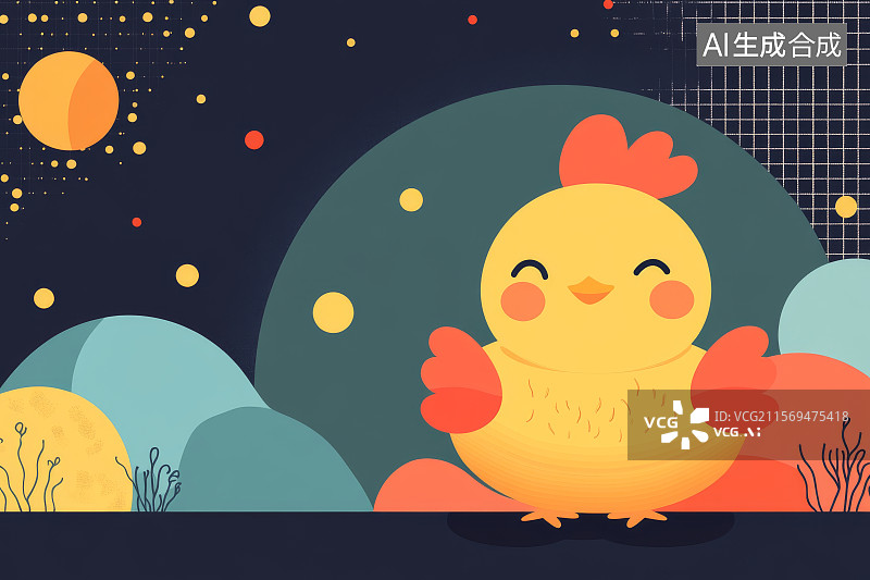 【AI数字艺术】卡通小鸡在夜晚的梦幻场景图片素材