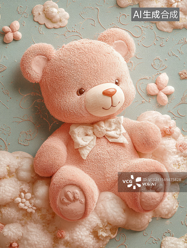 【AI数字艺术】粉色泰迪熊坐在云朵上图片素材