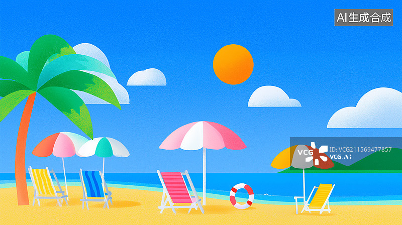 【AI数字艺术】沙滩多彩遮阳伞度假插画图片素材