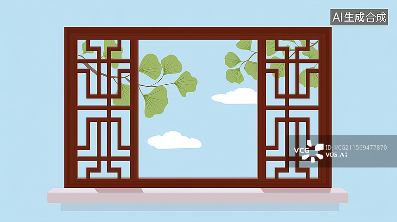 【AI数字艺术】中式窗景外银杏枝叶景致图片素材