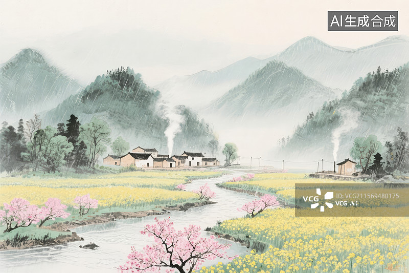 【AI数字艺术】朦胧山村水墨画图片素材