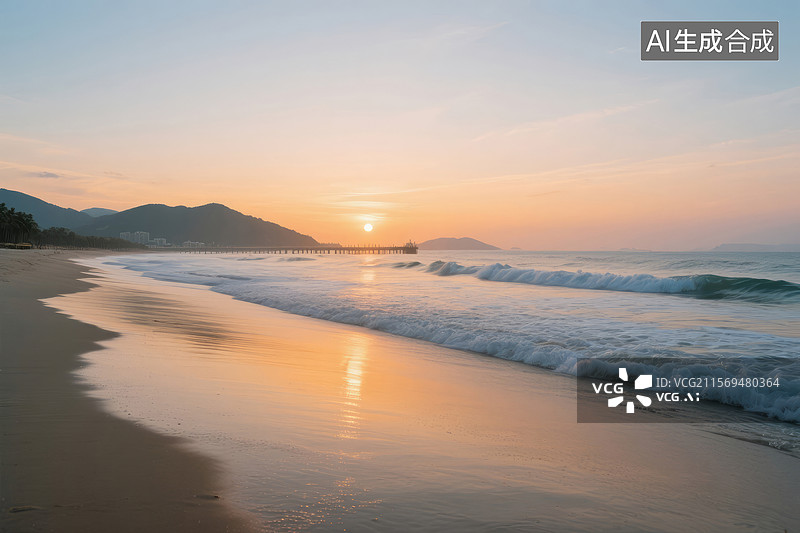 【AI数字艺术】宁静海滩日出图片素材