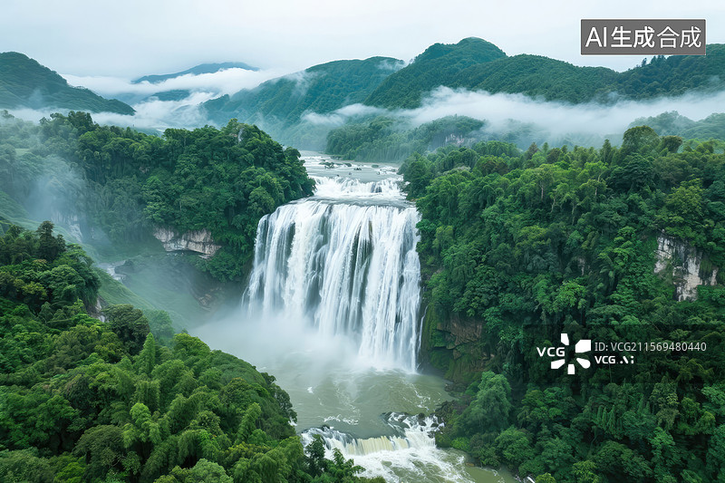【AI数字艺术】壮丽瀑布飞泻原始森林图片素材