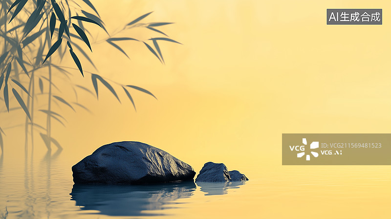 【AI数字艺术】淡黄色岩石和竹子叶背景图片素材