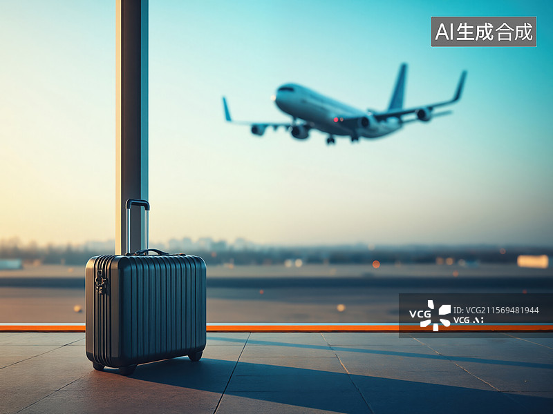 【AI数字艺术】机场行李与起飞飞机图片素材
