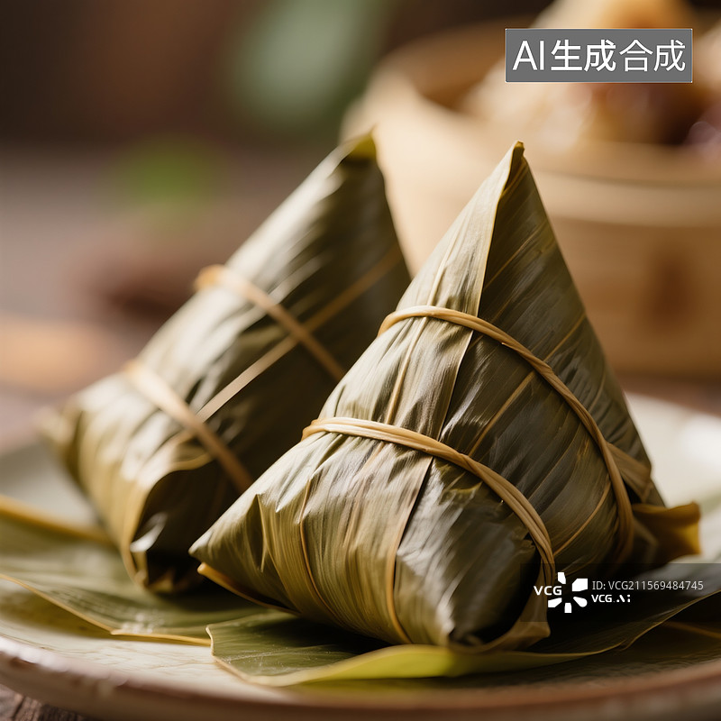 【AI数字艺术】两三个饱满的粽子，特写镜头，高清摄影，美食氛围，精致图片素材
