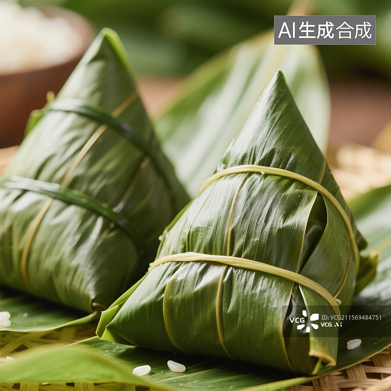 【AI数字艺术】两三个饱满的粽子，特写镜头，高清摄影，美食氛围，精致图片素材