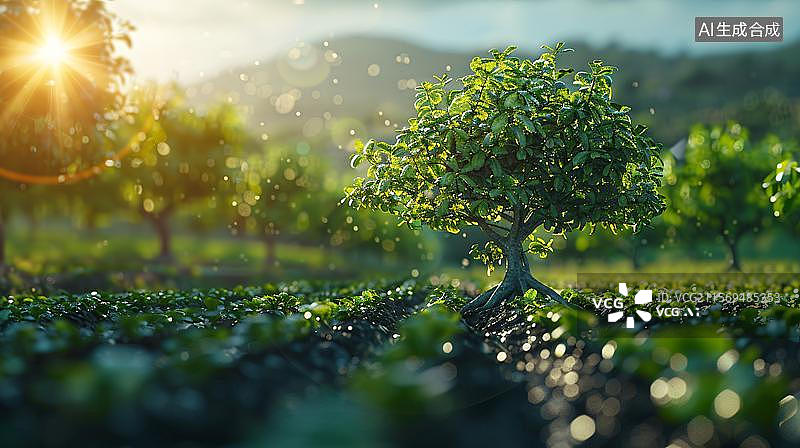 【AI数字艺术】微缩景观插图植树种树绿化植树节  地球日   草地上的一颗树苗图片素材