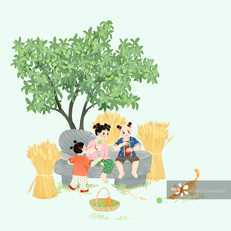 芒种麦垛石磨小孩吃青梅玩耍节气国风插画图片素材