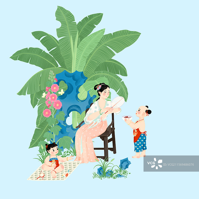 小暑芭蕉叶下纳凉母子小孩节气国风插画图片素材