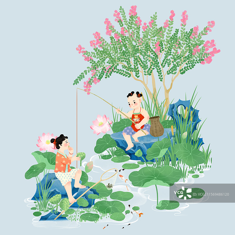 大暑溪水小孩钓鱼荷叶紫薇花节气国风插画图片素材