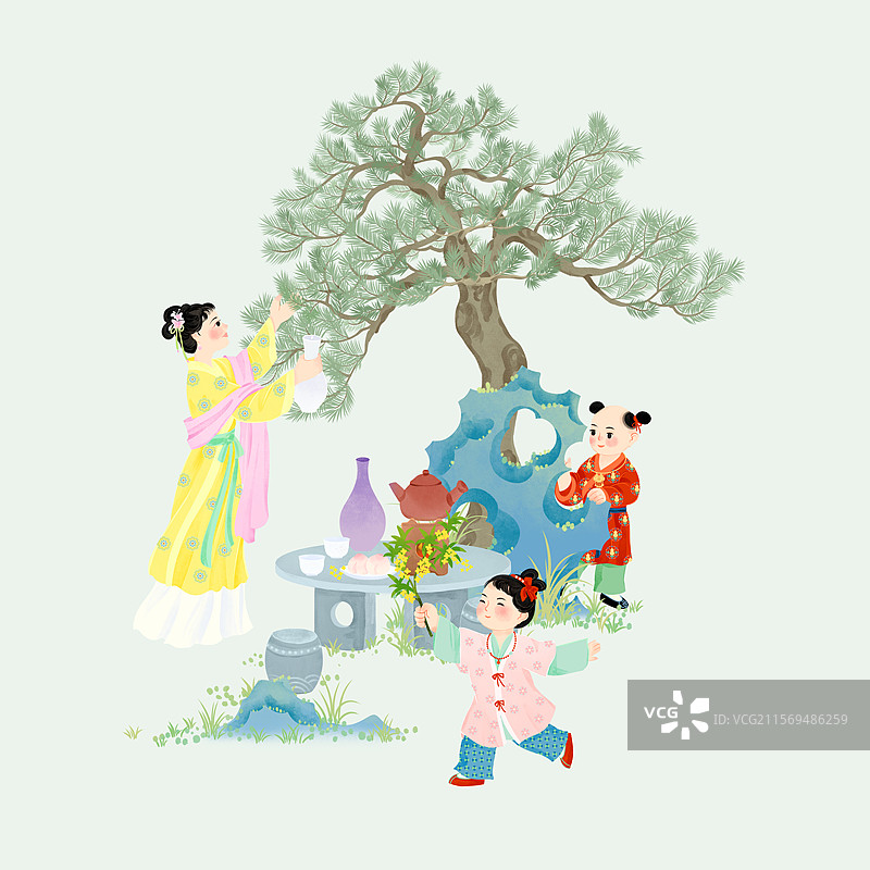 白露少女采露水松树石桌小孩节气国风插画图片素材