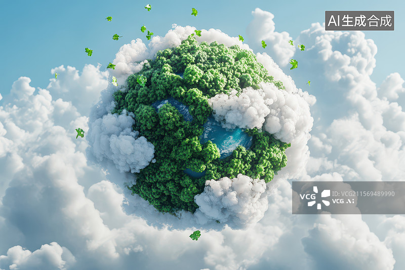 【AI数字艺术】云端上的绿色植被地球艺术图像图片素材
