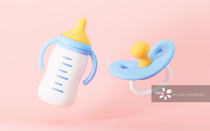 卡通婴儿奶瓶和奶嘴3D渲染图片素材