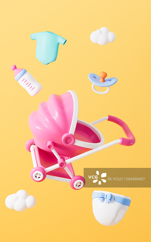 婴儿推车尿不湿奶瓶等婴儿用品3D渲染图片素材