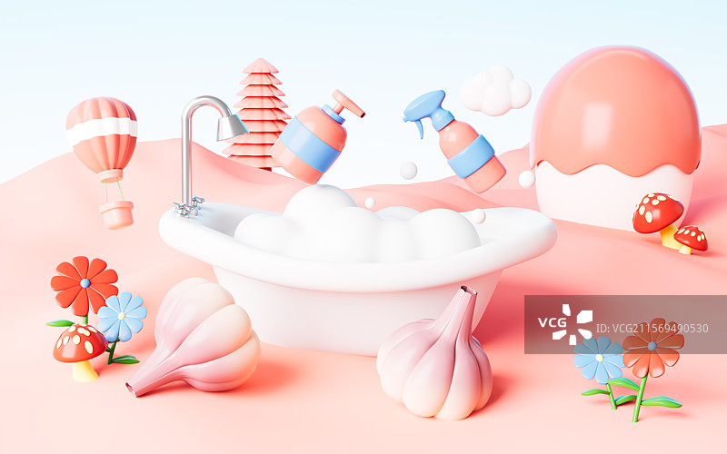 卡通浴缸和户外场景3D渲染图片素材
