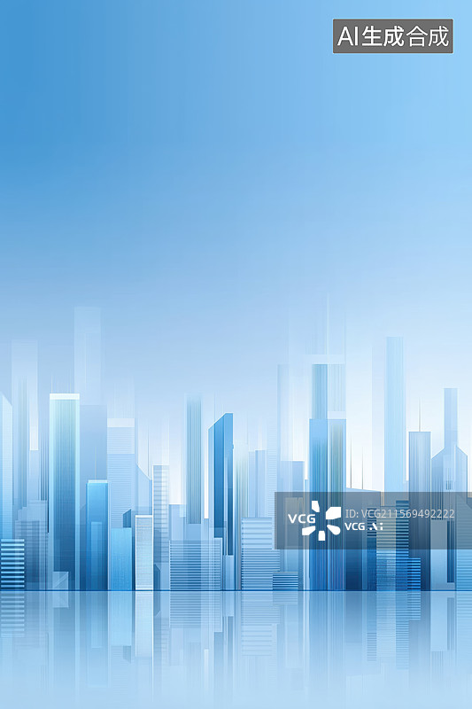 【AI数字艺术】现代城市天际线的蓝色调插画图片素材