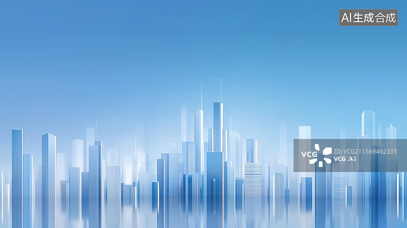 【AI数字艺术】现代城市天际线的蓝色调插画图片素材
