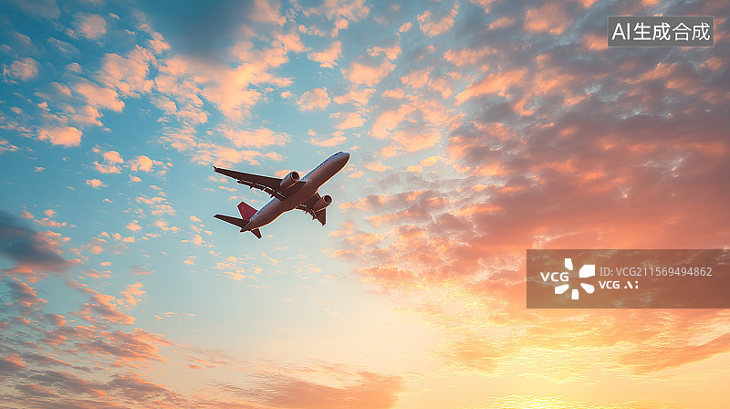 【AI数字艺术】商用飞机翱翔在黄昏云海中图片素材