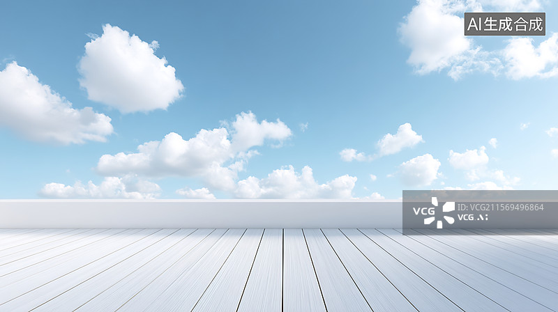 【AI数字艺术】蓝天白云下的浅灰色木质平台图片素材