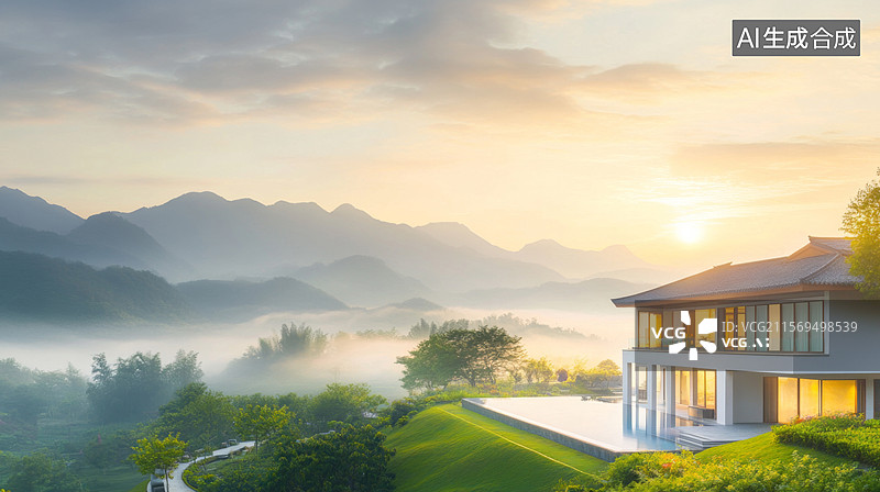 【AI数字艺术】清晨山间的晨雾和酒店别墅建筑图片素材
