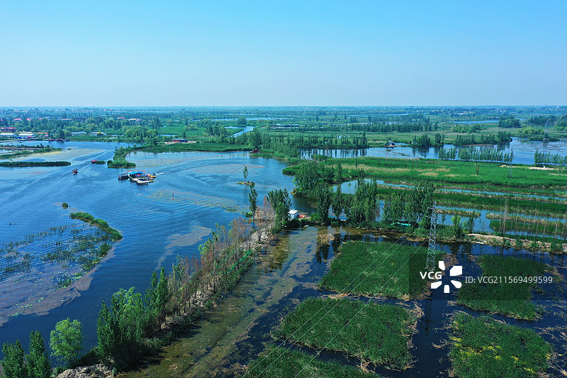 华北明珠仙境游，碧波潋滟接天流 蛙鸟苇荡歌声起，雁鹭荷塘觅渔求 快艇劈云天边远，群鸭飞舞醉瞳收图片素材
