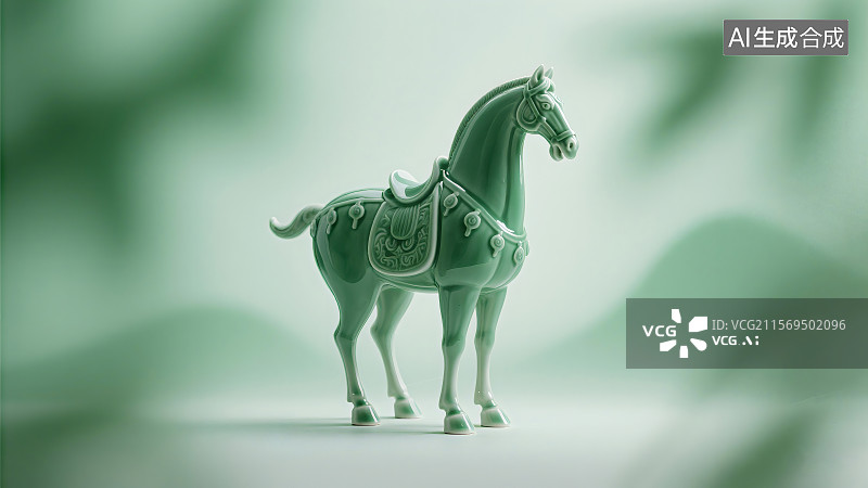 【AI数字艺术】一匹绿色琉璃马站立在模糊的绿色背景前，马身装饰有精美图案图片素材
