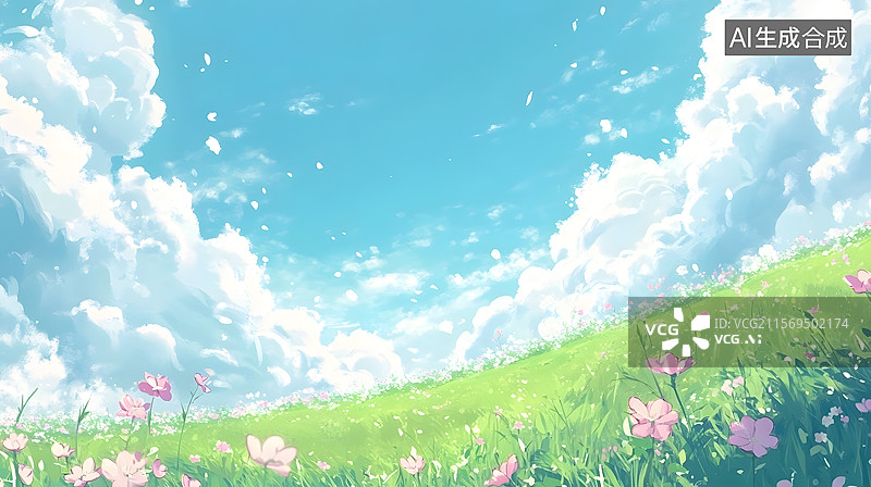 【AI数字艺术】卡通风格蓝天绿地粉色小花清新插画​图片素材