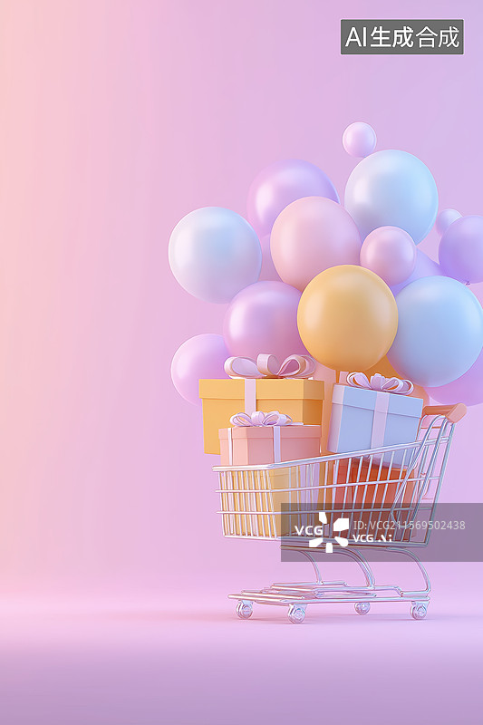 【AI数字艺术】购物车里的礼物盒和彩色气球图片素材