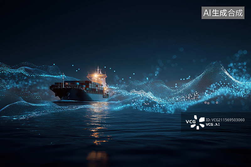 【AI数字艺术】夜晚航行的货船图片素材