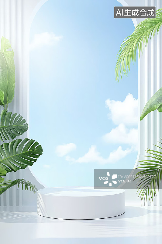 【AI数字艺术】白色讲台与热带植物背景图片素材