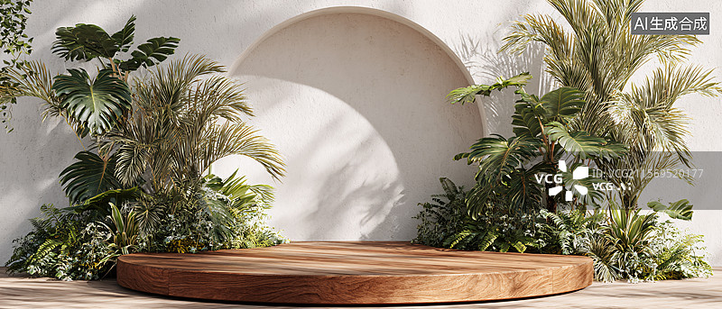 【AI数字艺术】绿植环绕的产品展台背景空间图片素材