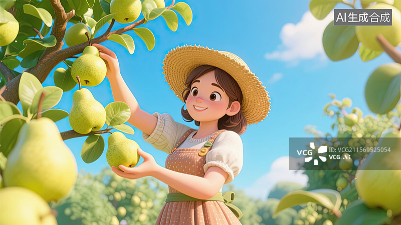 【AI数字艺术】3D，女孩，摘梨，丰收，插画图片素材