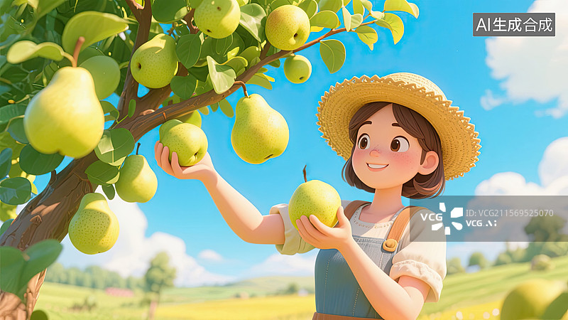 【AI数字艺术】3D，女孩，摘梨，丰收，插画图片素材