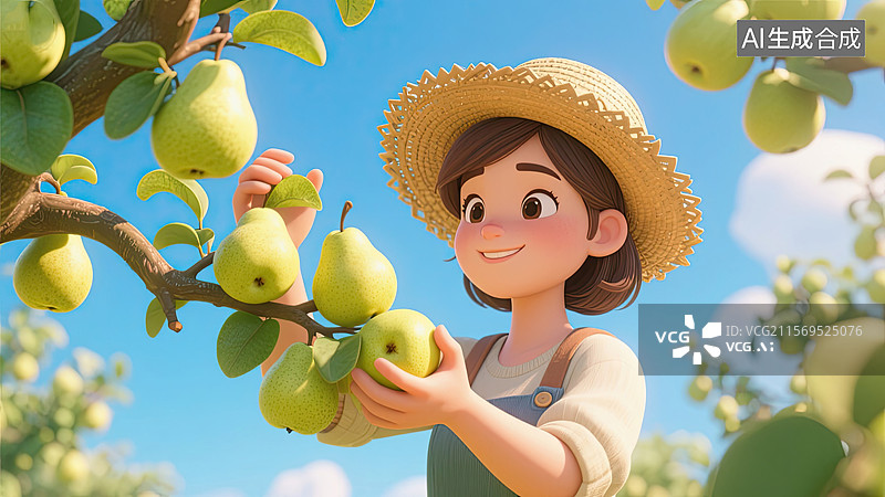 【AI数字艺术】3D，女孩，摘梨，丰收，插画图片素材