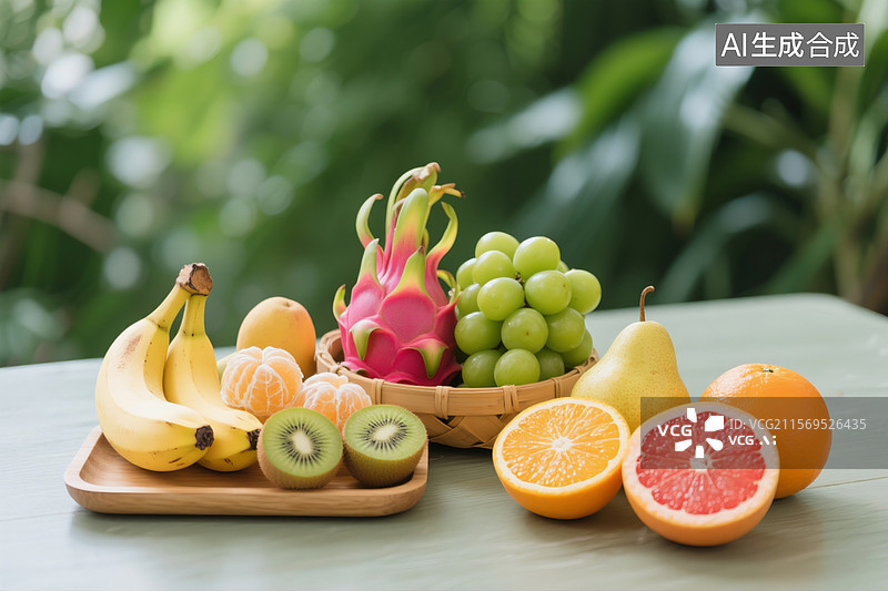 【AI数字艺术】绿植背景虚化，前面桌面上放着一堆水果，托盘上有一把香蕉，切开的猕猴桃，竹筐里放着青提，火龙果图片素材