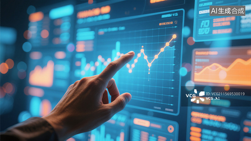 【AI数字艺术】手指指向显示数据图表的屏幕图片素材