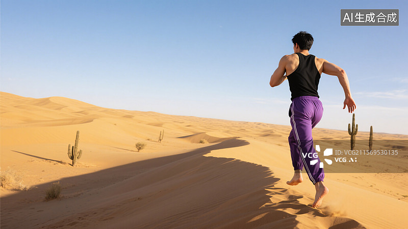 【AI数字艺术】沙漠中奔跑的男子图片素材