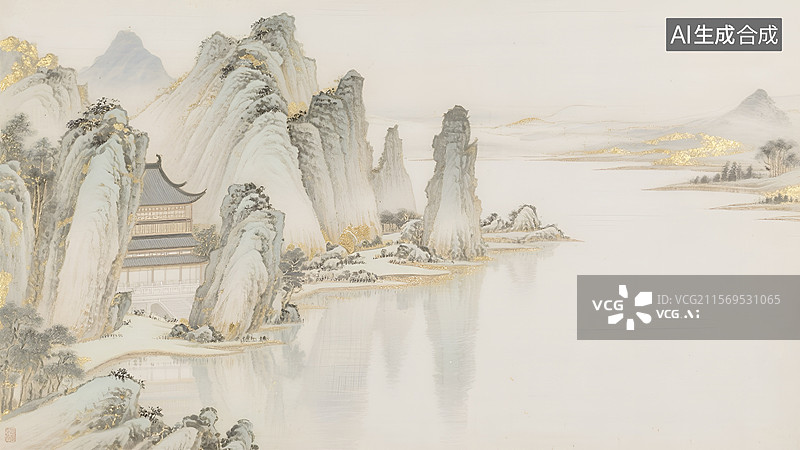 【AI数字艺术】中式山水意境的金色亭台楼阁风景图图片素材