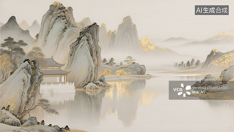 【AI数字艺术】中式山水意境的金色亭台楼阁风景图图片素材
